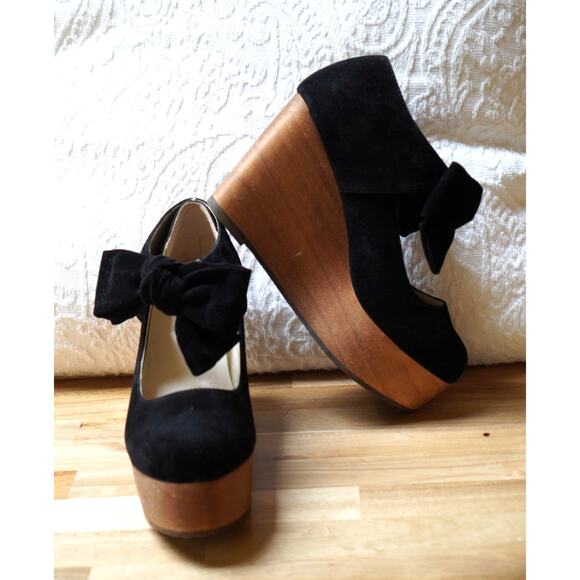 Suede Ribbon Platform Wedge Heel Shoes Goth Lolita Harajuku Victorian Size 5.5 6 - Picture 1 of 14